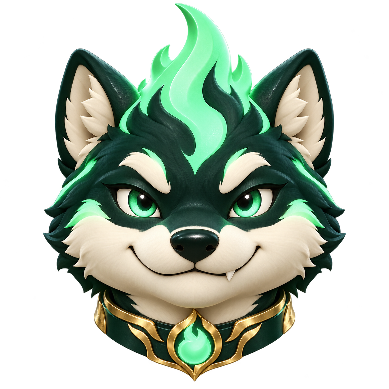 Torchinu, a dark emerald Shiba with a luminous green flame crest